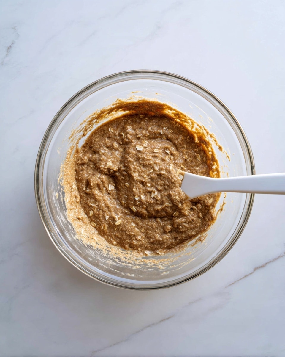 A clear glass bowl sits on a white marbled surface, holding a thick, brown mixture with oatmeal pieces visible throughout. The texture looks slightly rough and uneven, indicating a dense batter or dough. A white spatula is partially dipped into the mixture on the right side of the bowl, resting with some batter on it. The scene is brightly lit with natural light, highlighting the bowl's contents clearly. photo taken with an iphone --ar 4:5 --v 7