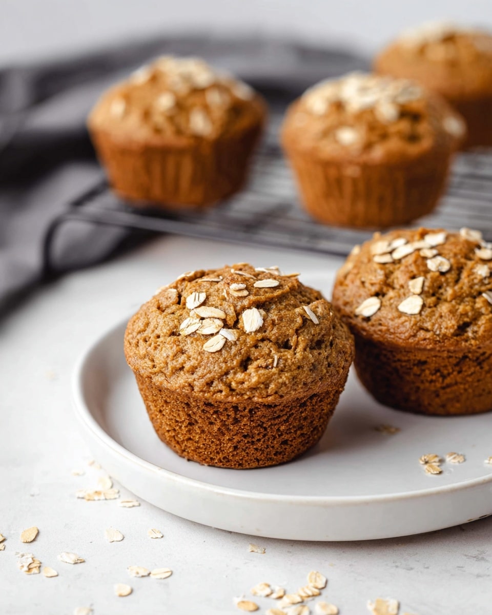 A close-up image shows three golden-brown muffins on a white plate, each topped with scattered light beige oat flakes. The muffins have a textured surface with small cracks and a slightly domed shape, showing a dense but soft crumb. Behind the plate, two more muffins sit on a wire cooling rack, also topped with oat flakes, all on a white marbled surface. A blurred gray cloth is in the background. Some oat flakes are also scattered loosely on the plate and surface. Photo taken with an iphone --ar 4:5 --v 7