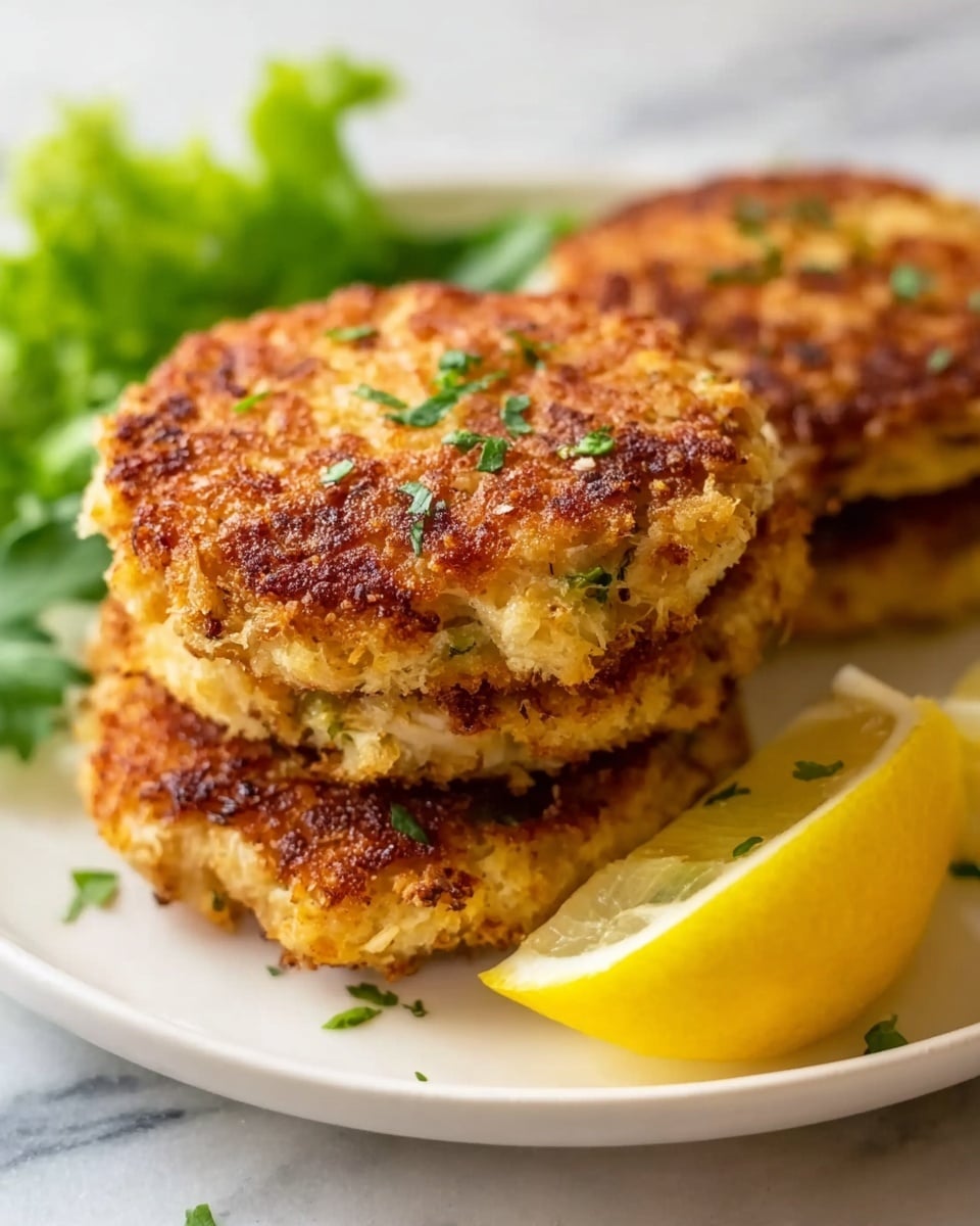 The image shows three golden brown crab cakes stacked on a white plate, with the top crab cake slightly overlapping the others. Each crab cake has a crispy, textured surface with small herbs sprinkled on top, adding green highlights. To the right of the crab cakes, there is a bright yellow lemon wedge showing its juicy interior. In the background on the left side, some fresh green leafy garnish is visible. The plate rests on a white marbled surface. photo taken with an iphone --ar 4:5 --v 7
