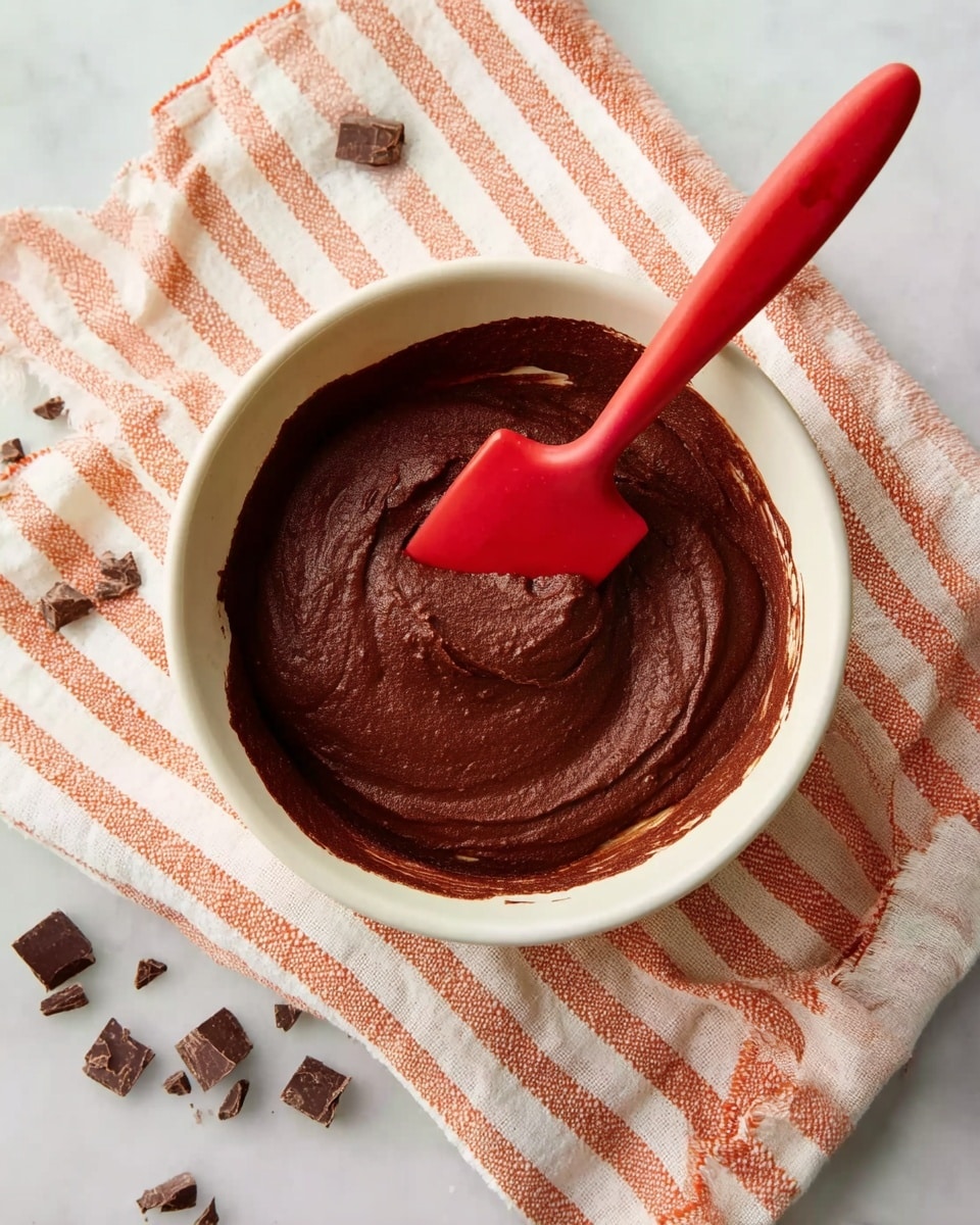 A white bowl filled with a thick, smooth layer of dark brown chocolate mixture, with a red spatula resting in it, partially covered by the mixture; the bowl sits on a white cloth with orange stripes, scattered with small chocolate pieces around it, all placed on a white marbled surface. photo taken with an iphone --ar 4:5 --v 7