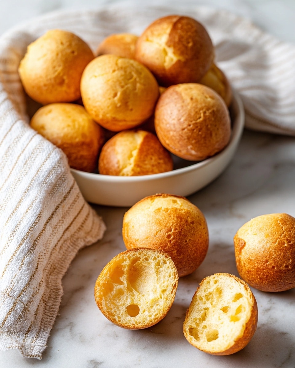 A group of round, golden-brown cheese bread balls is spread on a white marbled surface, with some inside a white bowl at the back. The bread balls have a slightly cracked top and smooth sides with a seam around the middle. One bread ball is broken open, showing a soft, airy, light yellow inside with small holes. A striped white cloth is partially visible on the left side. Photo taken with an iphone --ar 4:5 --v 7