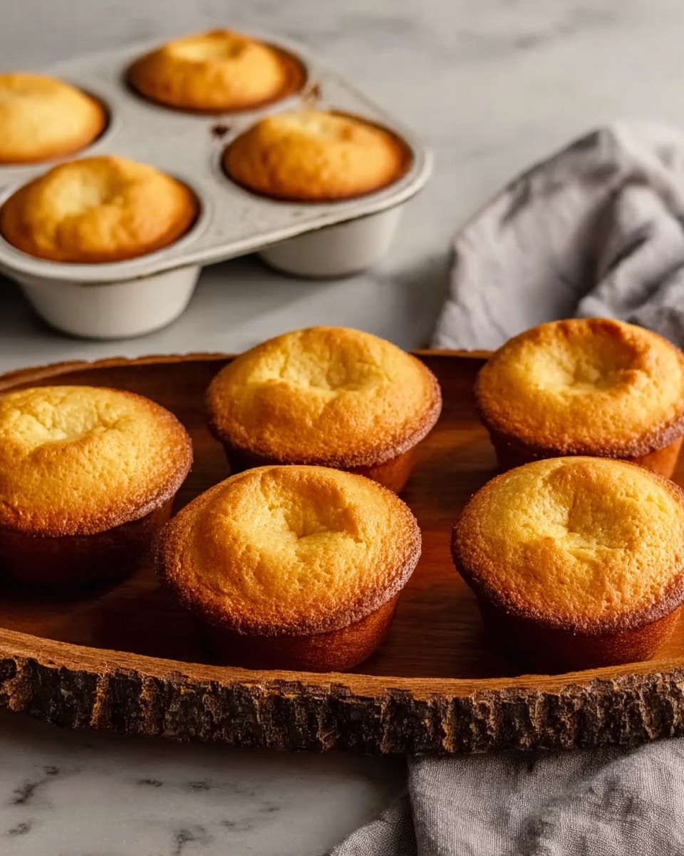 The image shows seven golden brown muffins with slightly domed tops arranged on a wooden tray, revealing a crisp texture on the edges. The tray has a natural bark-like rim on its sides, adding a rustic feel. Behind the tray, a white metal muffin tin holds three more muffins, each with golden crusts and slightly sunken centers. A soft gray cloth is casually placed beside the tin. The background is a white marbled texture. Photo taken with an iphone --ar 4:5 --v 7