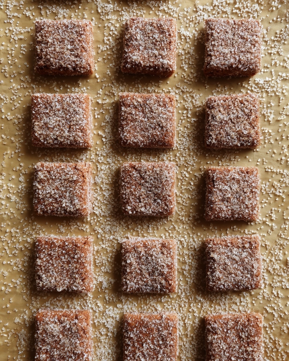 There are fifteen small square cookies arranged neatly in three columns and five rows on a layer of light brown parchment paper. Each cookie is covered with a layer of coarse sugar crystals that sparkle under the light, showing a rough texture on the cookie's surface. The cookie base is a deep brown color, suggesting a cinnamon or spiced flavor. The space around the cookies is sprinkled with extra sugar crystals, adding contrast and a bit of shine to the light brown background. photo taken with an iphone --ar 4:5 --v 7