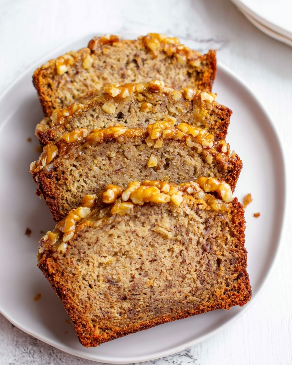 The image shows four slices of banana bread layered on a white plate with a white marbled surface underneath. Each slice is light brown with small darker brown specks inside, showing the bread's moist and soft texture. The top of every slice has a light golden brown layer of a sticky nut topping with visible pieces of walnuts scattered on it. The edges of the bread are slightly darker, giving a crisp look. The slices are arranged in a slightly overlapping way, with the closest slice fully visible in the front and the others behind it. Photo taken with an iphone --ar 4:5 --v 7