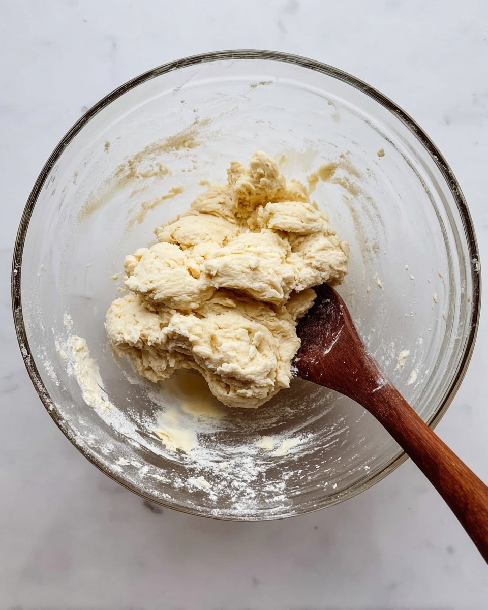 A clear glass mixing bowl sits on a white marbled surface, holding a lump of rough, pale yellow dough with a slightly flaky texture. The dough rests near the center of the bowl, with traces of flour and dough scattered around it on the bowl’s smooth inner surface. A wooden spoon with a dark brown handle is placed inside the bowl, partially under the dough on the right side, showing a bit of sticky dough clinging to it. The scene is well-lit and simple, focusing on the dough and spoon. photo taken with an iphone --ar 4:5 --v 7