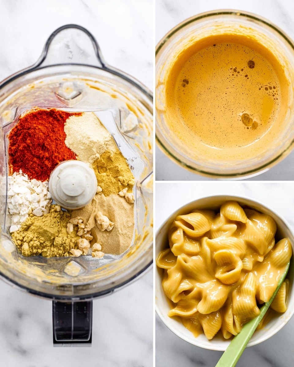 The first image shows a clear blender container filled with various dry and wet ingredients, including a bright red paste, a pale mustard-yellow powder, and some white powder, all sitting on top of each other in different layers. The second image shows the same blender container from above, now filled with a smooth, creamy, light orange mixture with some small bubbles on the surface. The third image shows a white bowl filled with pasta shells coated in a thick, golden-yellow sauce, with a green spatula resting inside the bowl and the sauce sticking to its edges, all set on a white marbled surface. Photo taken with an iphone --ar 4:5 --v 7