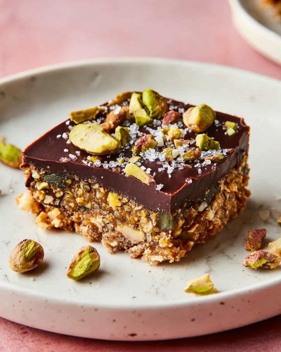 A square-shaped dessert bar is shown on a white plate with pistachios around it, resting on a pink surface. The bottom layer is thick and chewy with visible pieces of nuts, mostly pistachios, in a light brown mix with a textured, grainy look. The top layer is a smooth, dark chocolate sheet that covers the whole bar and is sprinkled with small pistachio pieces and a light dusting of salt flakes. The bar looks thick and dense, with about two main layers: the nutty bottom part and the glossy chocolate top. The dessert is centered on the plate with a white marbled background. photo taken with an iphone --ar 4:5 --v 7