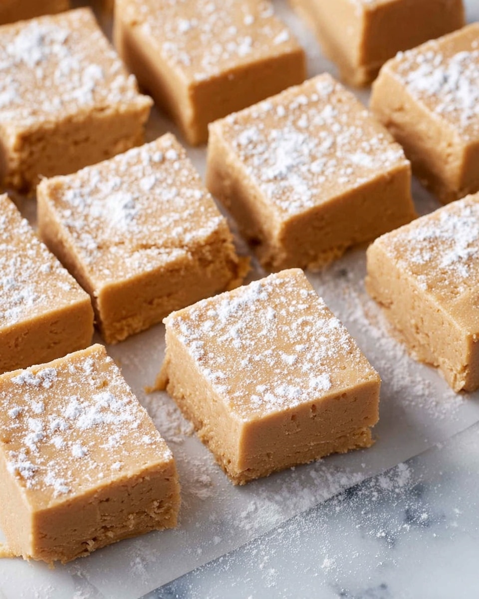 The image shows a group of tan-colored fudge pieces arranged in rows on a white marbled surface. Each piece is a square shape with a smooth but slightly rough texture. The top layer of several pieces is lightly dusted with white powdered sugar, giving a soft, powdery contrast to the tan fudge underneath. The fudge appears dense and thick but soft, with clean and slightly uneven edges. Photo taken with an iphone --ar 4:5 --v 7