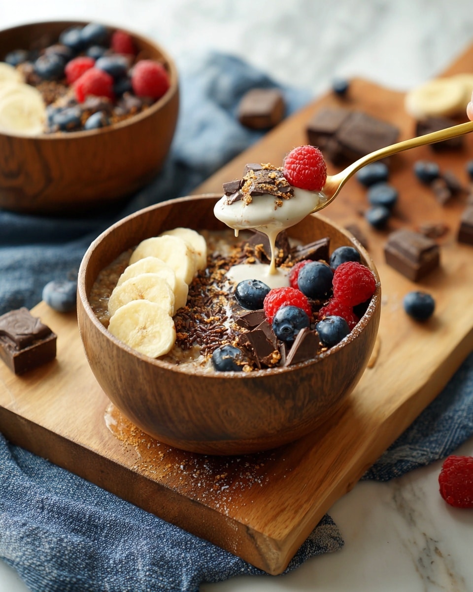 A wooden bowl filled with three layers: the bottom layer is a soft, cooked grain with a brown and slightly bumpy texture, the middle layer is a drizzle of creamy white liquid spilling over the grains, and the top layer is decorated with dark chunks of chocolate, bright red raspberries, deep blue blueberries, and round slices of pale yellow banana sprinkled with tiny black seeds, positioned along one edge. A golden spoon is placed inside the bowl with a woman's hand holding it, lifting some grains and berries. In the background, two similar bowls with matching contents sit on a wooden cutting board, surrounded by more scattered berries and chocolate pieces, all set on a white marbled surface with a textured blue cloth underneath the front bowl. photo taken with an iphone --ar 4:5 --v 7