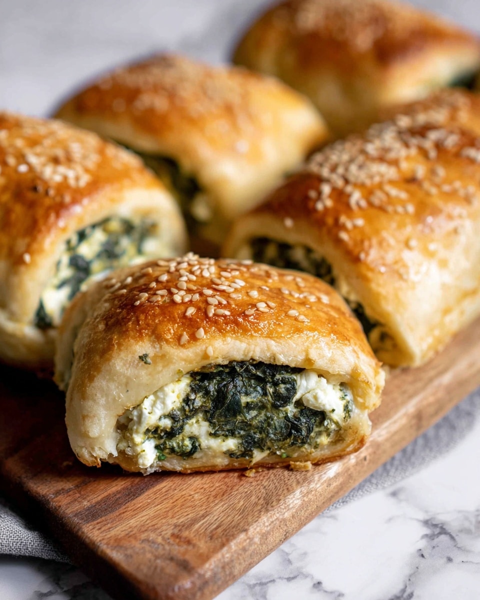 The image shows golden-brown baked rolls with a shiny crust sprinkled lightly with sesame seeds on top. Each roll is sliced, revealing a filling inside with layers of creamy white cheese mixed with dark green spinach. The outer crust looks flaky and crisp, while the filling looks soft and moist. The rolls are arranged on a wooden surface with a white marbled texture visible in the background. photo taken with an iphone --ar 4:5 --v 7