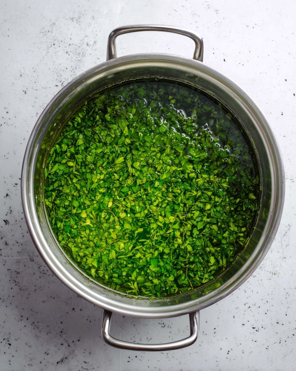 A round stainless steel pot filled with finely chopped fresh green herbs floating in clear liquid, showing a textured mix of small bright and dark green leaf pieces evenly spread throughout, the pot has two metal handles on either side, and it sits on a white marbled surface with small black specks and lines, viewed from directly above, photo taken with an iphone --ar 4:5 --v 7