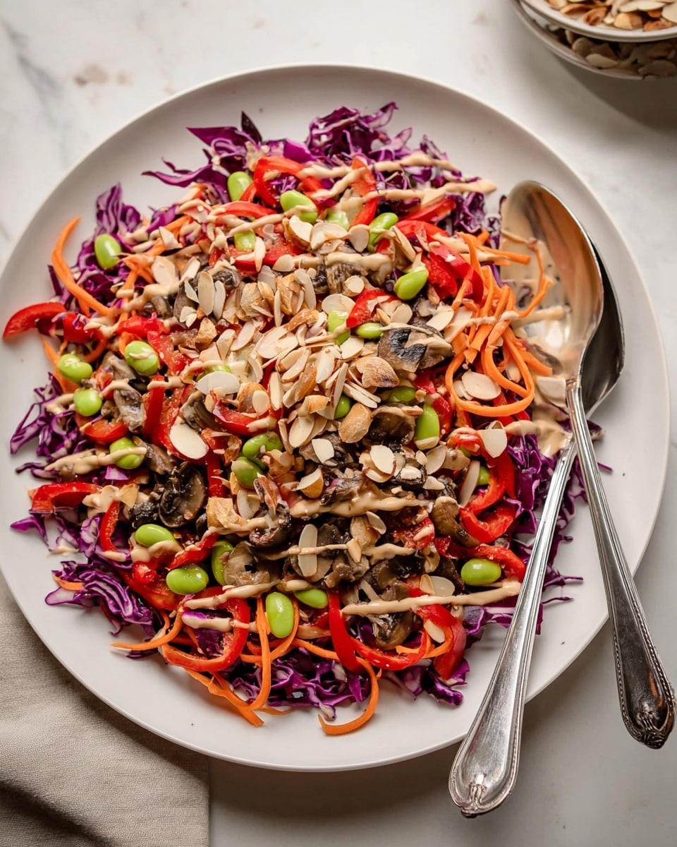 A white plate holds a colorful salad with many layers, starting with a base of shredded purple cabbage spread evenly over the plate. On top of that, there are thin, bright orange carrot ribbons and sliced red bell peppers scattered in different places. There are also small green edamame beans and cooked brown mushrooms with a slight shine placed throughout the salad. Light brown almond slices are sprinkled all over, adding texture, while a creamy beige dressing is drizzled on top in thin lines. Two silver spoons rest on opposite sides inside the salad, and the scene is set on a white marbled surface. Photo taken with an iphone --ar 4:5 --v 7