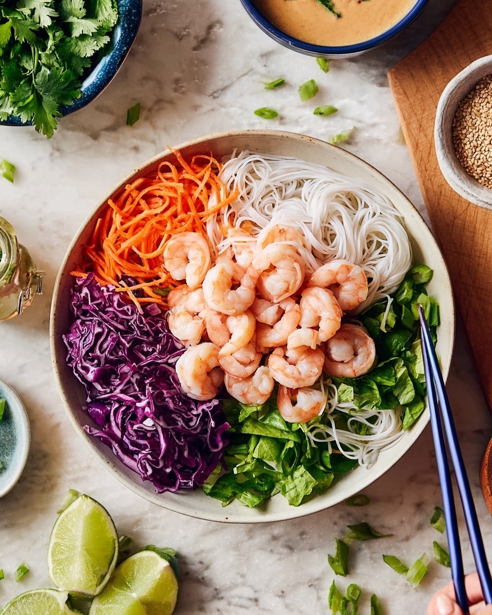A white bowl holds a colorful layered dish starting with white rice noodles on the right side, topped with a pile of pink and white cooked shrimp in the center. Surrounding the shrimp, there are thinly sliced orange carrots on the upper left, bright green chopped lettuce to the upper right, dark green chopped herbs to the left, purple shredded cabbage at the bottom left, and green sliced scallions at the bottom near the shrimp. The bowl sits on a white marbled surface with half a lime, scattered green herbs, a blue bowl with sesame seeds, and a bowl of light brown sauce with a spoon nearby. A woman's hand holds blue and purple chopsticks picking up some noodles in the lower right corner. Photo taken with an iphone --ar 4:5 --v 7
