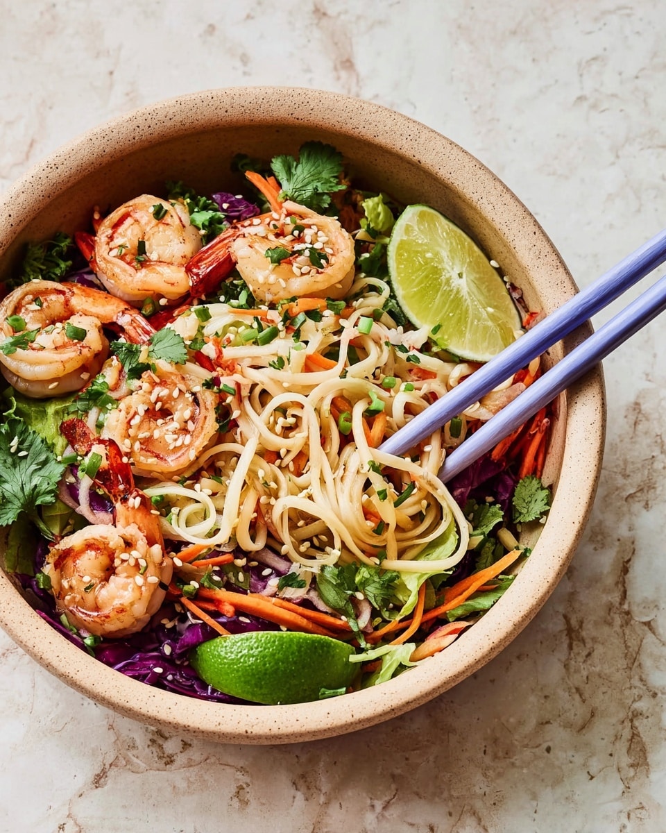 A tan bowl filled with a colorful layered noodle salad placed on a white marbled surface. The bottom layer consists of light tan noodles mixed with thin shreds of bright orange carrots and dark purple cabbage. Green leafy lettuce and fresh green herbs are scattered throughout. Plump pink shrimp are arranged around the top, garnished with sesame seeds and small green herbs. A green lime wedge sits at the side of the bowl. Blue and light purple chopsticks pick up some noodles and shrimp from the bowl. Photo taken with an iphone --ar 4:5 --v 7
