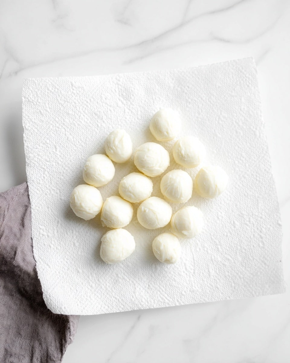 Small white cheese balls are arranged on a white paper towel that lays flat. The cheese balls are round and smooth, with a soft texture. The paper towel has a subtle quilted pattern and is placed on a white marbled surface. A small part of a gray cloth is visible on the left side of the image. Photo taken with an iphone --ar 4:5 --v 7