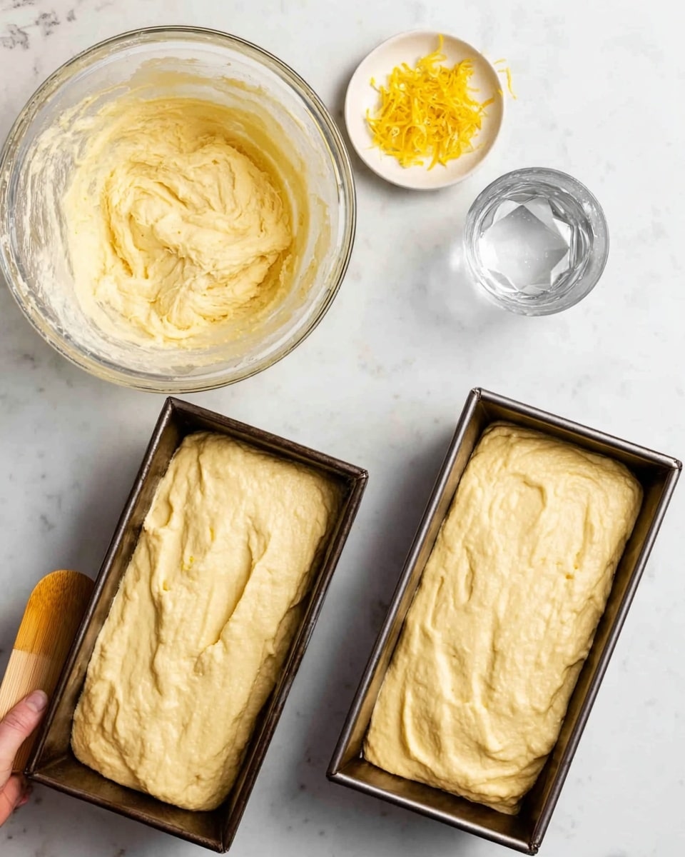 The image shows two parts: on the left, a clear glass bowl filled with smooth, light yellow batter with a creamy texture, sitting on a white marbled surface. Next to it, there is a small white dish with yellow lemon zest and a clear glass of water above it. On the right, two metal loaf pans are filled with the same light yellow batter, spread evenly to cover the bottom of each pan. The background is a white marbled surface, and a woman's hand holds a wooden spatula edge in the lower part of the left image. photo taken with an iphone --ar 4:5 --v 7