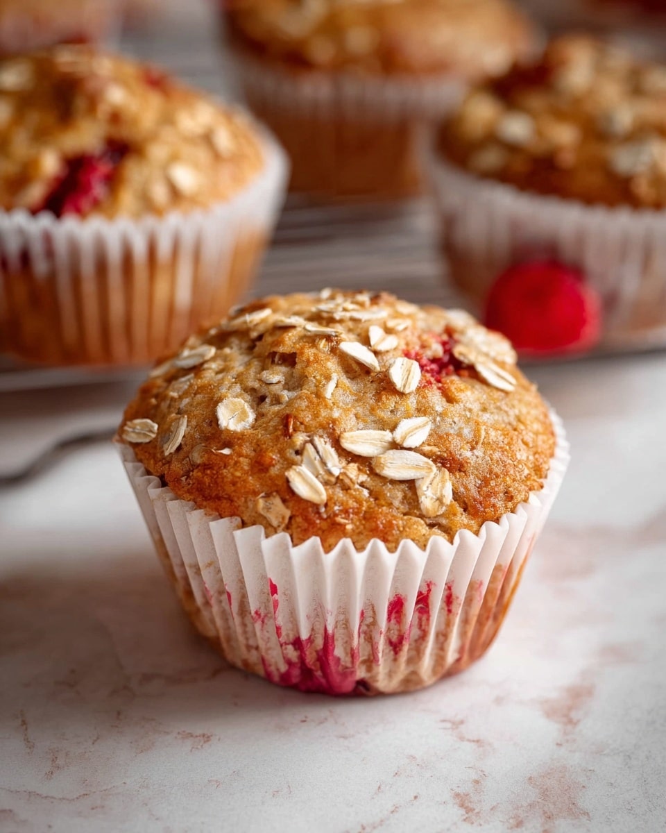 The image shows a close-up of a single round muffin with a golden-brown top sprinkled with light beige rolled oats. Small red fruit pieces are visible embedded in the muffin's light brown textured surface. The muffin rests on a white fluted paper liner with red stains from the fruit. In the background, there is a white marbled texture surface and partially blurred similar muffins placed on a silver metal rack, adding depth to the scene. The lighting is soft and natural, highlighting the warm tones of the muffin's crust. photo taken with an iphone --ar 4:5 --v 7