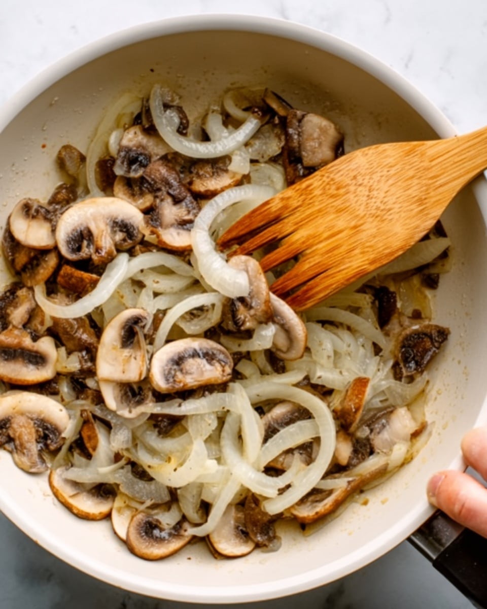 The image shows a white pan filled with sliced brown mushrooms and thinly sliced white onions being stirred by a wooden spatula held by a woman's hand. The mushrooms are lightly browned and mixed evenly with the soft translucent onions. The pan is resting on a white marbled surface. photo taken with an iphone --ar 4:5 --v 7