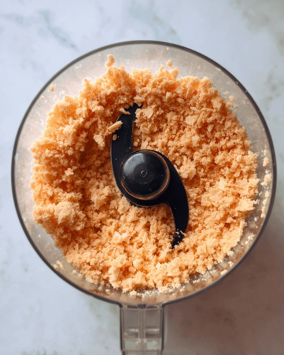 A close-up top view of a clear food processor bowl filled with small, crumbly pieces of light orange food that look soft and moist, surrounding a black, curved blade in the center, against a white marbled texture background photo taken with an iphone --ar 4:5 --v 7