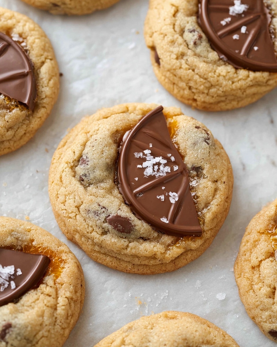 The image shows several round cookies with a light golden brown color and a soft, slightly cracked texture. Each cookie has a piece of smooth, dark milk chocolate shaped like a slice of orange pressed into its center, with a few flakes of white sea salt sprinkled on top. The cookies are placed on white parchment paper with a subtle texture, on a white marbled surface. The cookies are thick, with visible chocolate chips baked into them. photo taken with an iphone --ar 4:5 --v 7