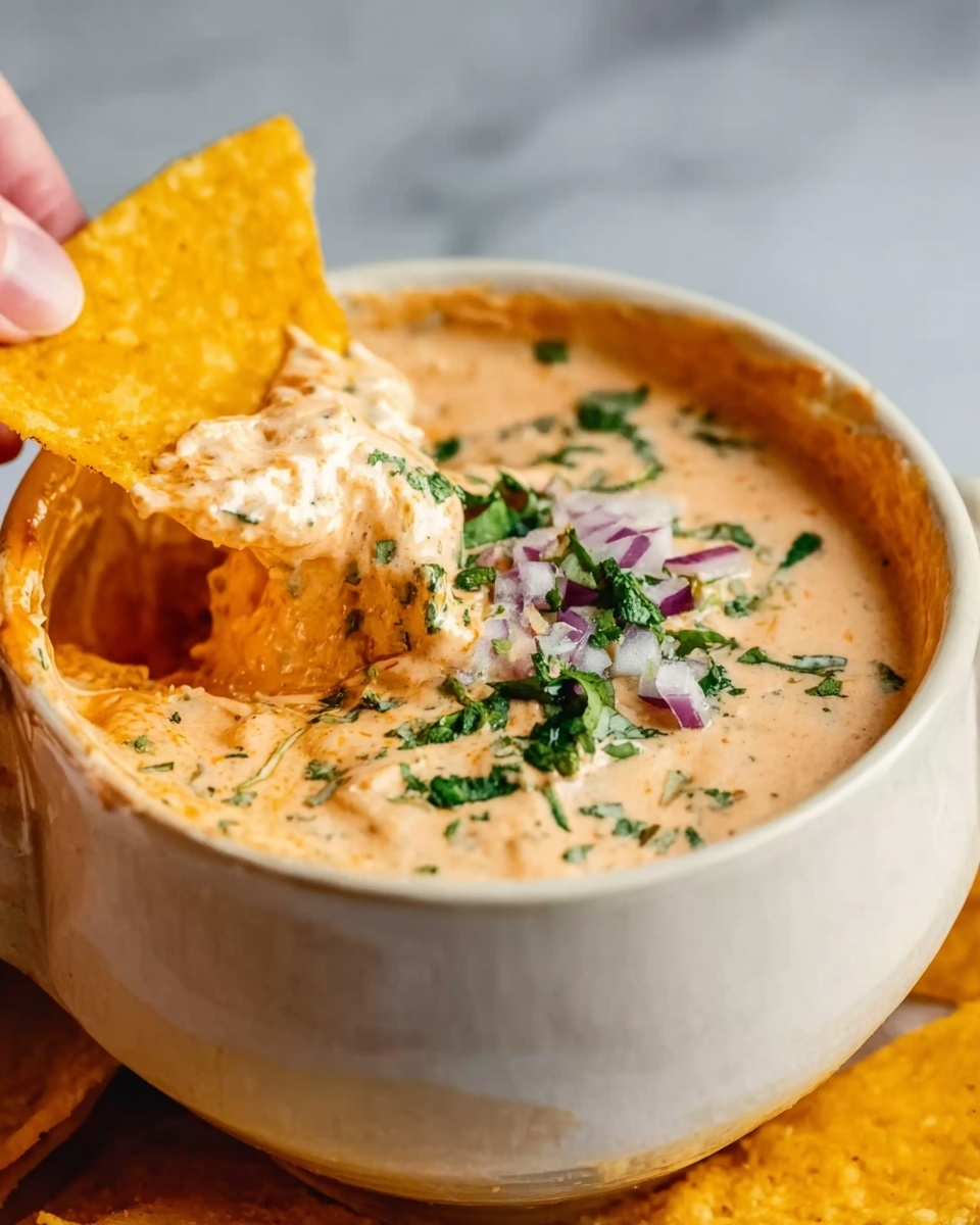 A white ceramic bowl filled with creamy light orange dip speckled with green herbs and small purple onion pieces on top. A yellow round chip is dipped into the sauce, partially covered. The bowl sits on a white marbled surface, and a woman's hand holds the chip. The texture of the dip looks smooth and thick. Photo taken with an iphone --ar 4:5 --v 7