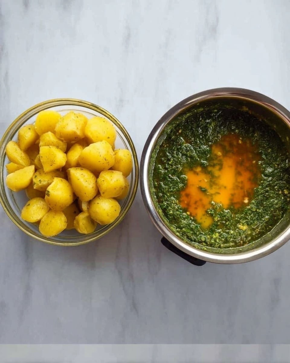 The first bowl is clear and round, filled with small yellow chunks of potato that have a slightly rough texture. The second pan is silver, showing a thick green sauce with some orange oil floating on top. The green sauce looks fresh and herb-filled, while the orange oil creates patches on the sauce’s surface. Both dishes are displayed on a white marbled surface. photo taken with an iphone --ar 4:5 --v 7