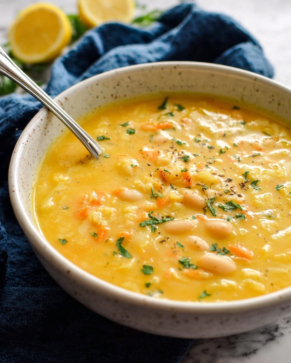 A close-up view of a bowl of yellow soup with a creamy texture. The soup contains small white beans and small bits of orange carrots mixed throughout. Fresh green herbs sprinkled lightly on top add color contrast. The bowl is white with a speckled pattern and has a smooth, rounded edge. A silver spoon rests inside the bowl on the left side. The scene is set on a white marbled surface with a blue cloth and half a lemon blurred in the background. Photo taken with an iphone --ar 4:5 --v 7
