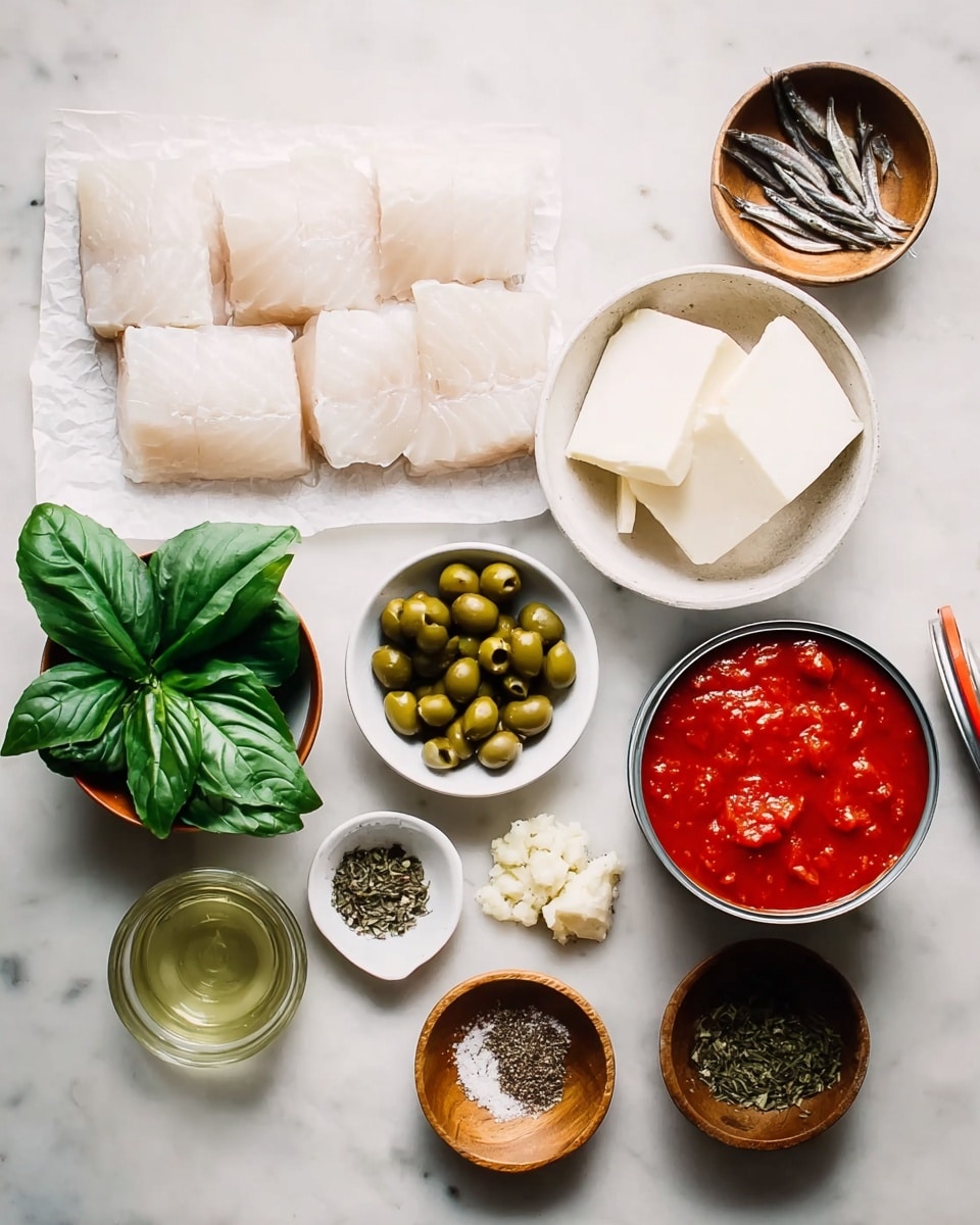 The image shows ingredients for a dish arranged on a white marbled surface. At the top center, there are six pieces of white fish laid on white paper. To the right, an open can filled with red tomatoes sits beside a white bowl holding thick white butter slices. Below the fish and tomatoes, from left to right, are small white and wooden bowls: one with green olives sliced in halves, one with fresh green basil leaves, one with green capers, another with a clear liquid, like oil or vinegar, and two wooden bowls one contains three small brown anchovies and the other holds mixed dried spices including salt, black pepper, and thyme. There is also a small pile of minced garlic in a white bowl near the basil. photo taken with an iphone --ar 4:5 --v 7