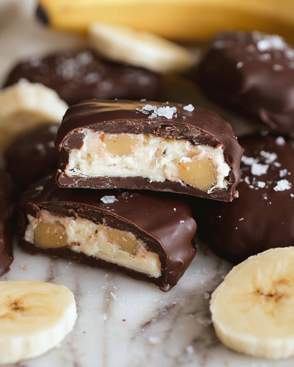 The image shows several dark brown chocolate-covered banana slices on a white marbled surface. The focus is on one banana piece cut in half, showing three layers inside: a thin, glossy dark chocolate outer layer, a thick middle layer of creamy off-white filling with small brown specks, and chunks of pale yellow banana embedded in the filling. The chocolate coating looks smooth with a slight shine and flaky sea salt bits scattered on top. In the background, there are more whole chocolate-covered banana slices and a few fresh banana slices. The lighting is soft, highlighting the smooth texture of the chocolate and the creamy interior. photo taken with an iphone --ar 4:5 --v 7