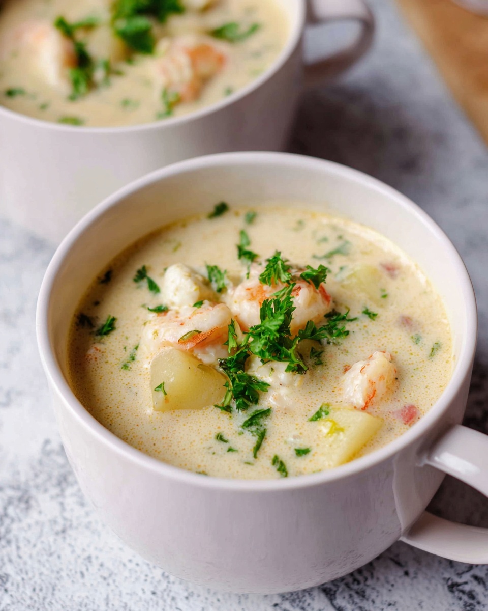 The image shows creamy soup served in a white bowl with a handle, sitting on a white marbled textured surface. The soup is light beige in color with a smooth texture and contains several pieces of shrimp, small chunks of potatoes, and bits of vegetables like celery. Bright green parsley leaves are sprinkled on top, adding color and freshness. In the background, another similar white bowl with soup is partially visible. The overall look is warm and inviting, focusing on the creamy texture and the mix of ingredients. photo taken with an iphone --ar 4:5 --v 7