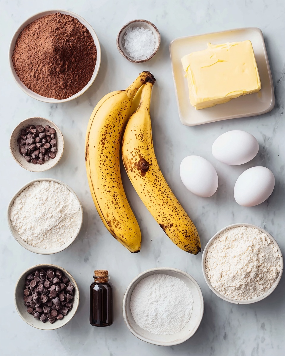 The image shows a white marbled surface with various baking ingredients neatly arranged. There are two yellow ripe bananas with brown spots placed centrally, surrounded by three white eggs on the right side. A block of light yellow butter rests in a white dish toward the upper right corner. There are small bowls containing different powders: one small bowl with dark brown cocoa powder at the top left, another with fine white flour near the bottom right, a bowl with white powdered sugar close to the bottom center, and a bowl of chocolate chips near the bottom left. A small dark brown vanilla bottle is placed near the cocoa powder, and two small bowls with white salt are positioned near the eggs and chocolate chips. The overall setup is tidy and well-lit, with soft natural lighting that highlights the texture and color of each ingredient, photo taken with an iphone --ar 4:5 --v 7