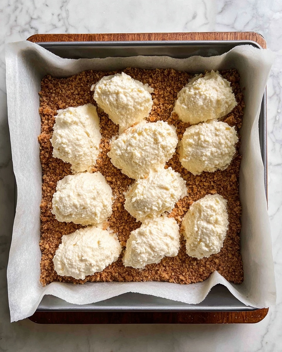 A square baking pan lined with white parchment paper holds a layer of finely crushed, brown crumb base evenly spread at the bottom. On top of this crumb layer, there are roughly ten uneven dollops of a thick, pale creamy mixture placed in two rows, showing a textured, slightly rough surface. The pan rests on a surface with a white marbled texture. photo taken with an iphone --ar 4:5 --v 7