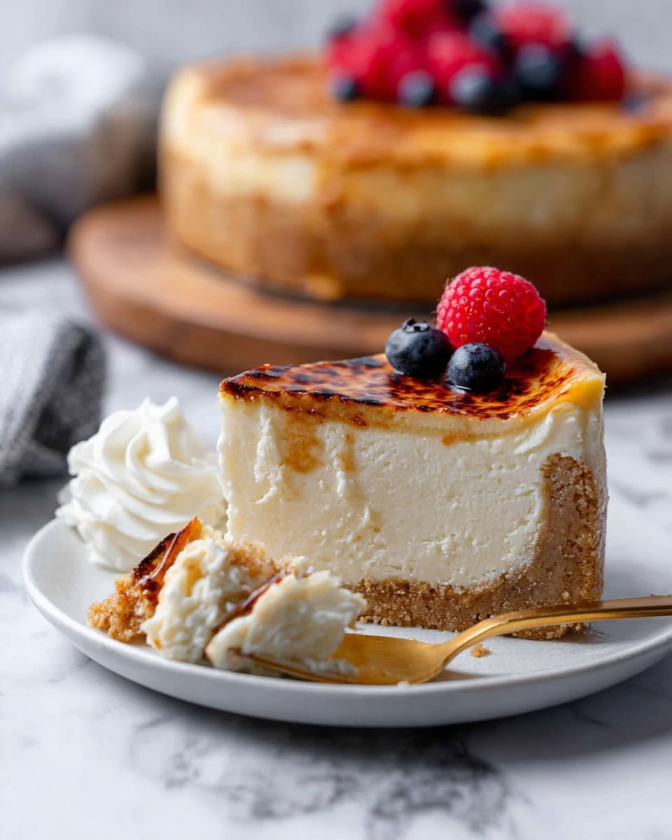 A thick slice of cheesecake with three layers sits on a white plate: the bottom layer is a crumbly golden-brown crust, the middle layer is a creamy off-white cheesecake, and the top layer is a smooth caramelized light brown surface with some dark spots. Next to the slice is a dollop of whipped cream with soft, white swirls, a shiny red raspberry, and a plump dark blueberry. A gold spoon with a scoop of cheesecake rests on the plate, and a blurred whole cheesecake decorated with red and blue berries sits in the background on a wooden board. The setting features a white marbled surface. Photo taken with an iphone --ar 4:5 --v 7