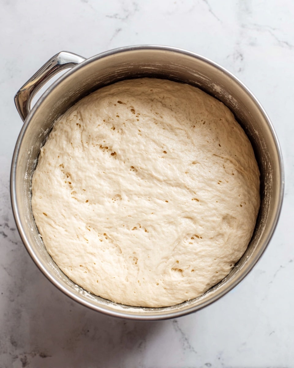 The image shows a single layer of thick, light beige dough with a smooth but slightly bubbly texture inside a round metal mixing bowl. The dough fills most of the bowl and has small air bubbles across its surface. The bowl is placed on a white marbled textured surface, and its shiny silver handle is visible on the left side. photo taken with an iphone --ar 4:5 --v 7