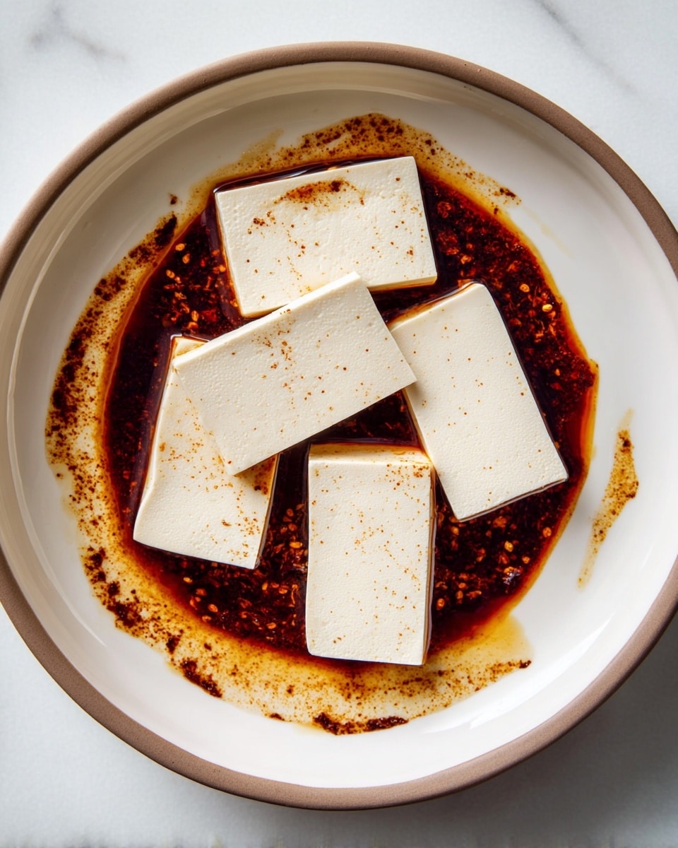 The image shows a white plate holding five rectangular slices of tofu, laid flat in a loose, slightly overlapping arrangement. Underneath and around the tofu is a dark reddish-brown spicy sauce with visible fine chili flakes, creating a thin layer that clouds the plate's surface and some streaks near the edges. The tofu pieces have a smooth, pale cream texture with small pores, contrasting sharply with the rich color of the sauce. The plate is set on a white marbled surface. photo taken with an iphone --ar 4:5 --v 7
