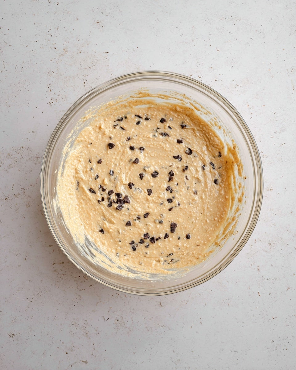 A clear glass bowl sits on a white marbled surface, filled with a thick batter mixture that is light beige with a grainy texture. Scattered unevenly throughout the batter are small, dark chocolate chips, creating small dark spots across the surface. The batter is swirled lightly, showing some movement and thickness, with bits sticking slightly to the sides of the bowl, emphasizing its creamy consistency. Photo taken with an iphone --ar 4:5 --v 7