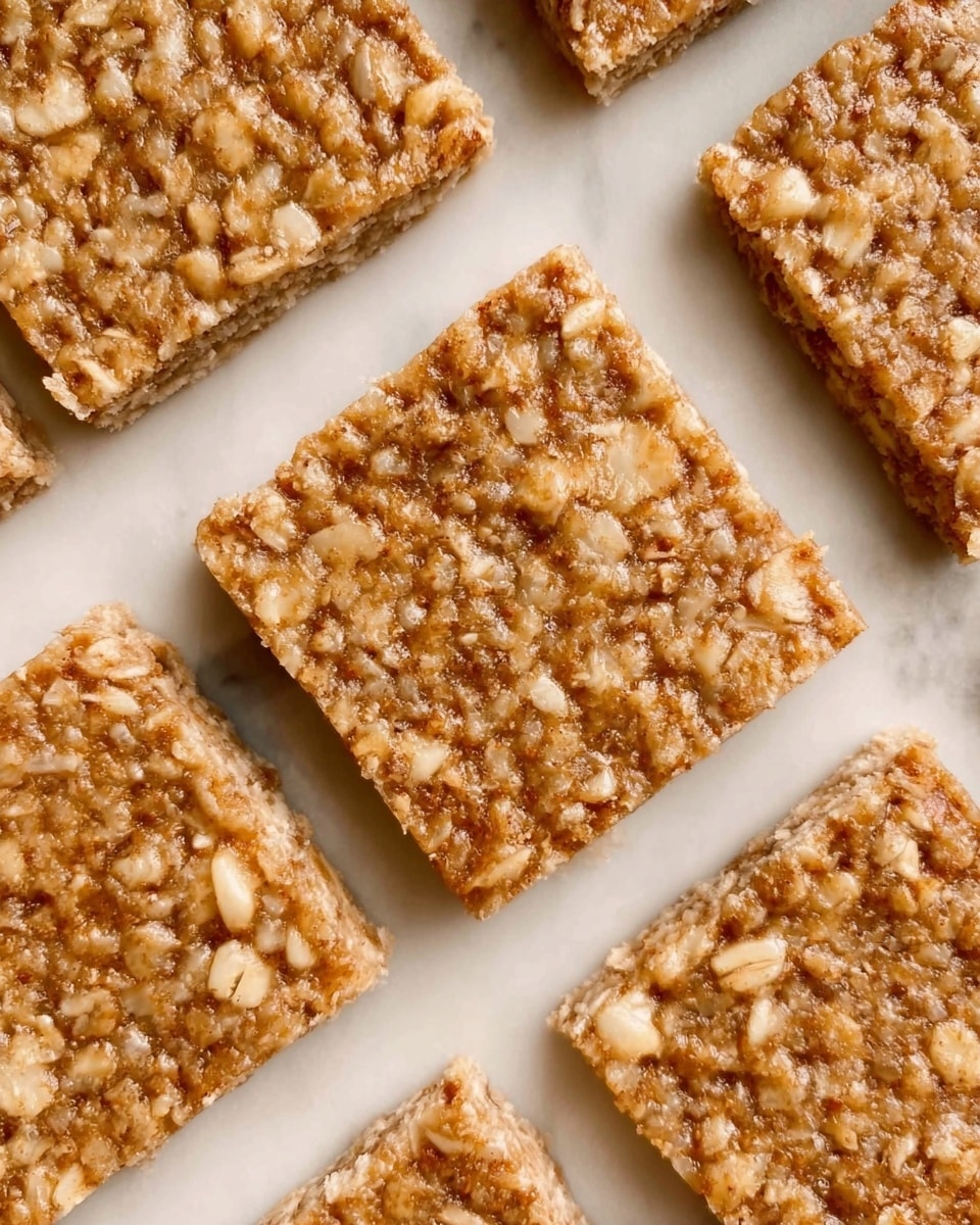 The image shows square oat bars arranged neatly on a white marbled surface. Each bar has a rough texture made of small, light brown oat pieces and bits of nuts. The bars have a single visible layer, with a soft but firm appearance and a slightly shiny top, suggesting a sticky binding ingredient. The bars are close together, with little space between them, making the arrangement look tidy and uniform. photo taken with an iphone --ar 4:5 --v 7
