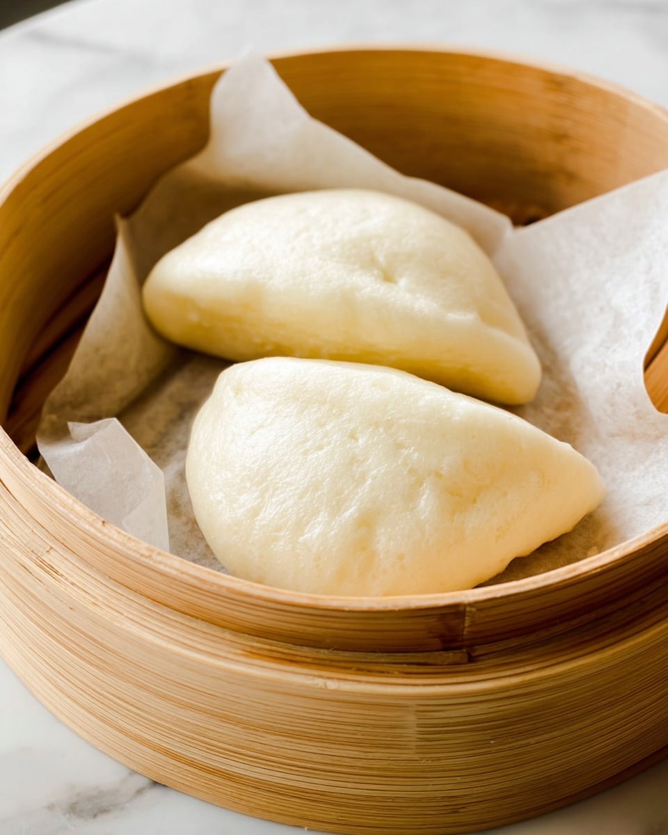 Two large, fluffy steamed buns are placed side by side inside a round bamboo steamer lined with white parchment paper. Each bun is smooth with a slightly shiny, soft white surface and a subtle golden tint on one side, showing their light, airy texture. The bamboo steamer has a warm, natural wood color with visible grain lines. The scene is set on a white marbled surface. photo taken with an iphone --ar 4:5 --v 7