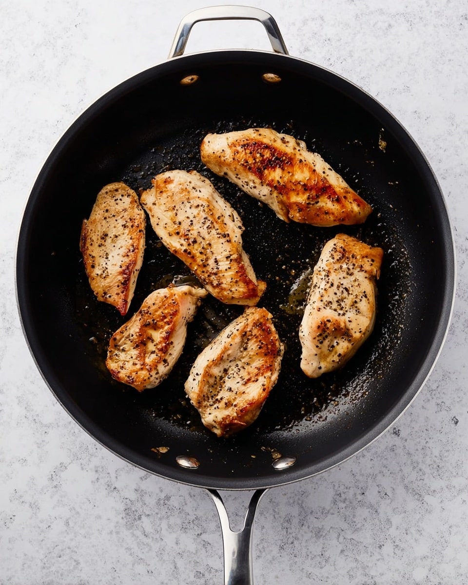 A black frying pan with two metal handles holds five pieces of cooked chicken seasoned with black pepper, arranged in a scattered formation with three pieces on the right and two on the left. The chicken has a light brown, slightly crisp surface with darker grilled spots, and the pan shows some oil spots. The pan is placed on a white marbled surface. photo taken with an iphone --ar 4:5 --v 7