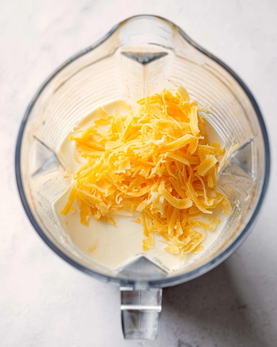 A clear blender jar is shown from above, inside it there are two layers: the bottom layer is a pale cream liquid with a smooth texture, and the top layer is a pile of shredded yellow-orange cheese with a slightly coarse texture. The jar sits on a white marbled surface, and the clear handle is visible at the top. photo taken with an iphone --ar 4:5 --v 7