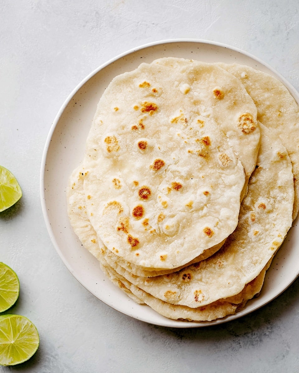 A white round plate holds a stack of four light beige flatbreads with a slightly rough texture and golden brown spots scattered across their surface, showing they were cooked on a hot pan. The flatbreads are soft and slightly puffed with irregular edges. The plate sits on a white marbled textured surface with three lime wedges partially visible on the left side. The overall look is simple and fresh, highlighting the flatbreads' lightly toasted appearance photo taken with an iphone --ar 4:5 --v 7