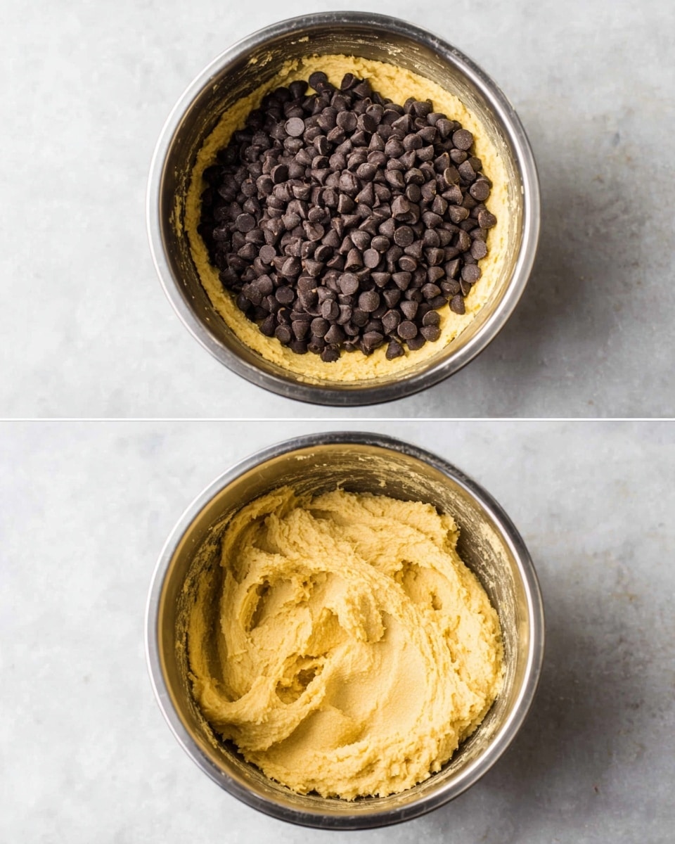 A shiny silver bowl sits on a white marbled texture surface, filled with a thick, yellowish batter that has a smooth but slightly grainy texture, covering the bowl's base and edges unevenly. In the second part of the image, the same bowl contains the same batter with a large pile of small, round, dark brown chocolate chips sitting on top in the center, creating a clear contrast between the yellow batter and the chocolate. The batter covers about 80% of the bowl's bottom and sides, while the chocolate chips form a dense and rich mound in the middle. photo taken with an iphone --ar 4:5 --v 7