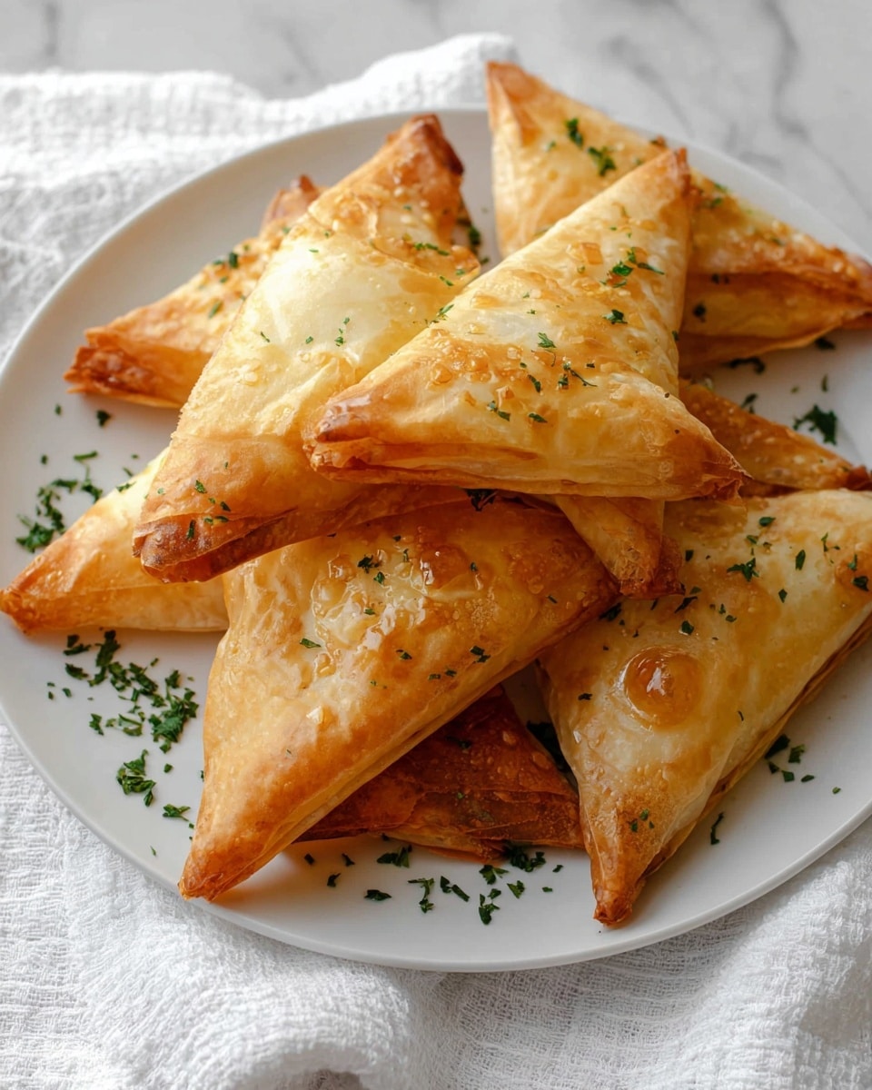 A white plate holds a pile of golden brown triangular pastries, each made of thin, crispy layers with a slightly shiny texture from baking. The pastries are stacked in an uneven way, showing some folded edges and small bubbles on the surface. Light green chopped herbs are sprinkled over the pastries and the white marbled surface below the plate, adding a fresh touch. A white textured cloth is partly visible under the plate, creating a soft, cozy background. photo taken with an iphone --ar 4:5 --v 7