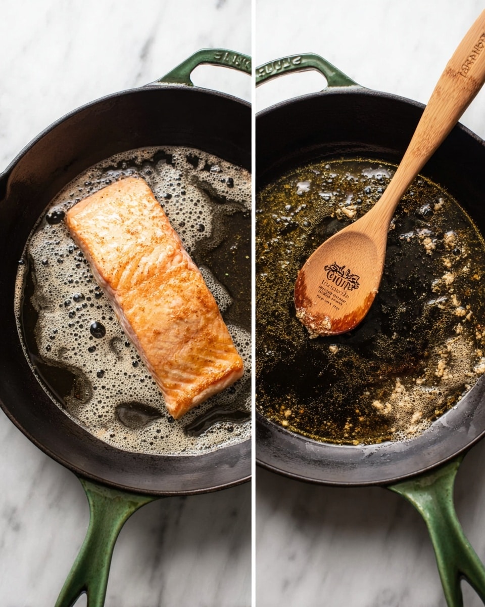 The image shows a cast iron skillet with a green handle on a white marbled surface. In the left part of the image, there is a single large piece of salmon fillet cooking in bubbling butter, with a pinkish-orange color and crispy light golden skin facing up. The butter around the salmon is foaming slightly. In the right part of the image, the skillet holds melted butter with small browned bits, and a wooden spoon lies inside the skillet. The spoon is light brown with engraved text and a logo visible on the spoon's flat head. Photo taken with an iphone --ar 4:5 --v 7