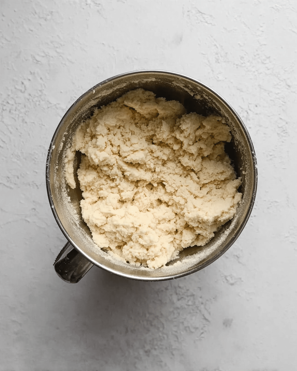 A metal mixing bowl filled with pale beige dough that is soft and slightly crumbly in texture, sitting on a white marbled surface. The dough fills about half of the bowl and looks evenly mixed without any visible lumps or ingredients. The bowl has a single small handle on one side, and the photo is taken from above, showing the dough's rough and uneven surface inside the bowl. photo taken with an iphone --ar 4:5 --v 7