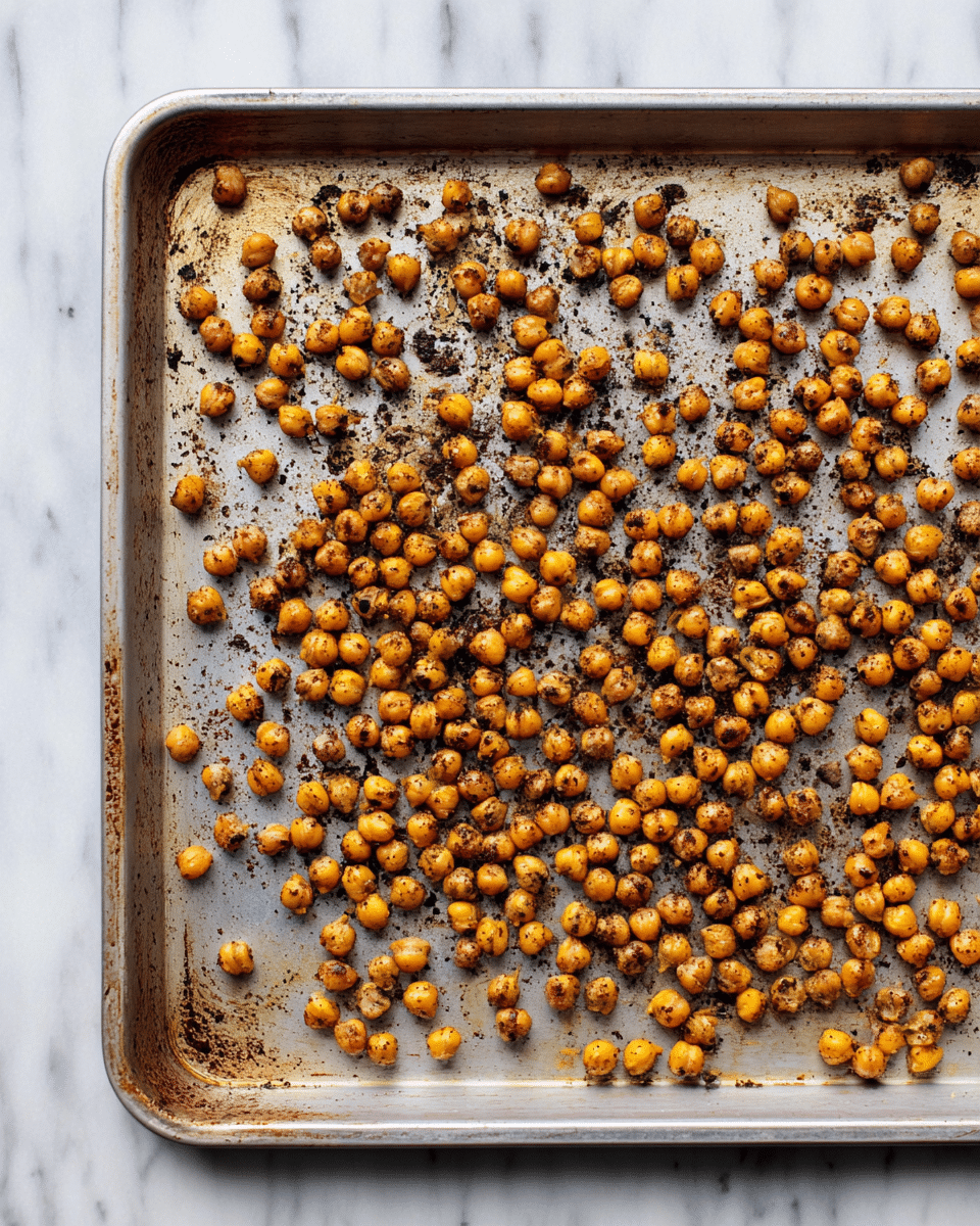 A metal baking tray filled with a single layer of small, round roasted chickpeas scattered evenly across its surface. The chickpeas are golden brown with darker roasted spots, showing a crunchy texture. The tray has some brown toasted marks from cooking, and it is placed on a white marbled surface. photo taken with an iphone --ar 4:5 --v 7