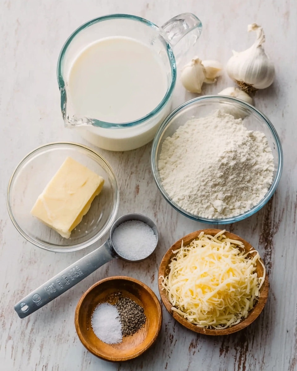 The image shows six small containers of ingredients placed on a surface with a white marbled texture. In the center back is a clear glass measuring cup filled with white milk. To its left is a small clear glass bowl holding light yellow butter. Below the butter is another clear glass bowl with white flour. In the center front is a small wooden bowl holding white salt and black pepper. To the right of the spices is a metal measuring cup filled with shredded pale yellow cheese. Two cloves of garlic with light beige skins are placed near the top right corner of the image. Photo taken with an iphone --ar 4:5 --v 7