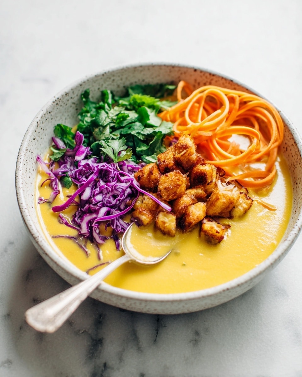 A white speckled bowl sits on a white marbled surface, filled with four distinct sections of food. The bottom layer is a smooth, creamy yellow soup that fills the bowl. On one side, there are small golden-brown crispy cubes stacked in the center. Next to these cubes, on the right, are thin, light orange carrot ribbons curled neatly. On the left side, there are fresh green leafy herbs placed gently atop the soup. Near the top, there is a small pile of shredded purple cabbage adding a bright contrast of color. A woman's hand holds a spoon dipping into the soup from the left edge of the bowl. photo taken with an iphone --ar 4:5 --v 7