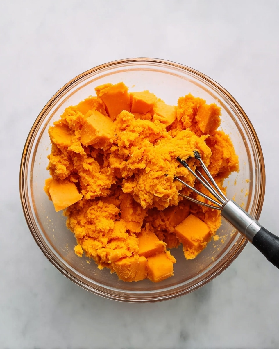 A clear glass bowl sits on a white marbled surface, filled with bright orange sweet potatoes. One part of the potatoes is mashed into a soft, rough texture, while the other part shows larger chunks with smooth edges. A metal masher with a black handle is inside the bowl, pressing down on the sweet potatoes. The scene is bright and clear, showing the vibrant color and texture contrasts of the sweet potatoes. Photo taken with an iphone --ar 4:5 --v 7