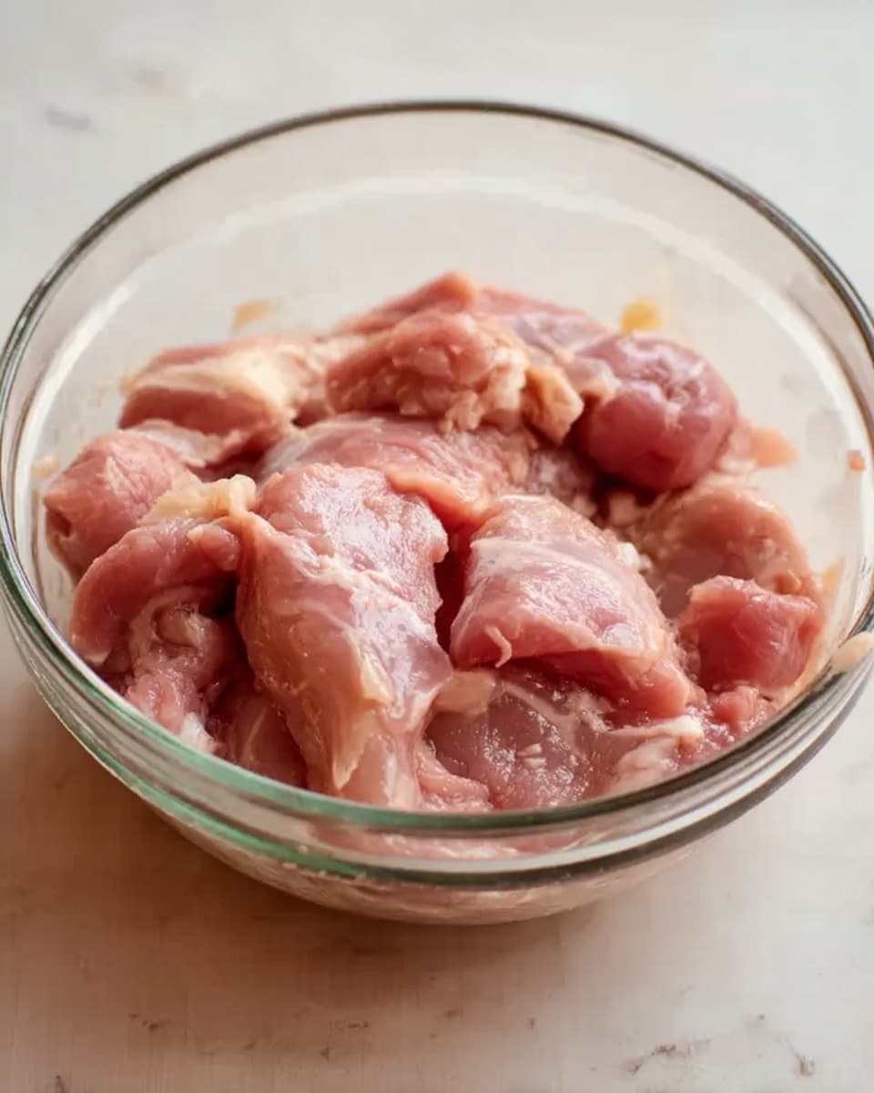 A clear glass bowl filled with raw pinkish meat pieces that have a smooth and slightly wet texture. The bowl sits on a white marbled surface, and the meat is loosely piled inside, showing some soft folds and light fat parts mixed with the lean muscle. There are no other objects in the image, and the lighting is natural, highlighting the fresh, slightly shiny look of the raw meat. photo taken with an iphone --ar 4:5 --v 7